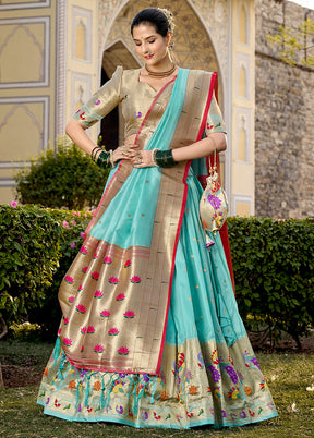 3 Pc Sky Blue Silk Semi Stitched Lehenga Set