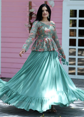 Aqua Georgette Readymade Lehenga Set