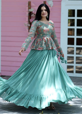 Aqua Georgette Readymade Lehenga Set