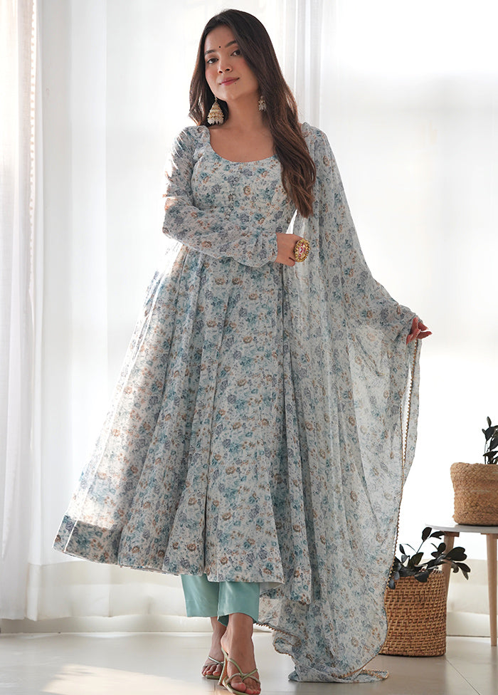 3 Pc Sky Blue Readymade Silk Suit Set - Indian Silk House Agencies