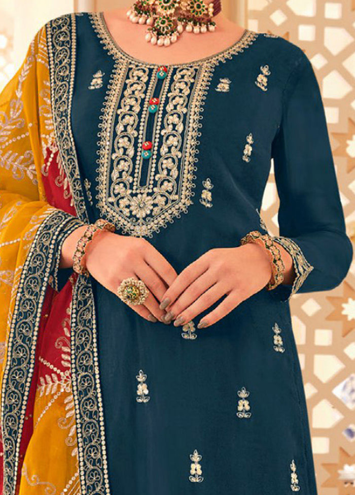 3 Pc Rama Semi Stitched Silk Suit Set