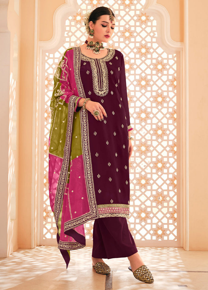 3 Pc Magenta Semi Stitched Silk Suit Set