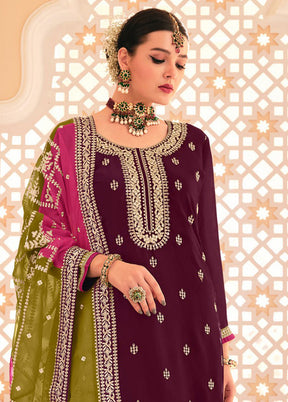 3 Pc Magenta Semi Stitched Silk Suit Set