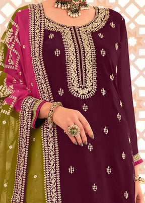 3 Pc Magenta Semi Stitched Silk Suit Set