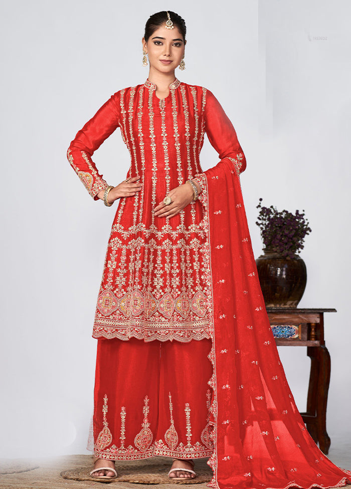 3 Pc Red Semi Stitched Silk Suit Set