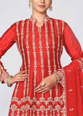 3 Pc Red Semi Stitched Silk Suit Set