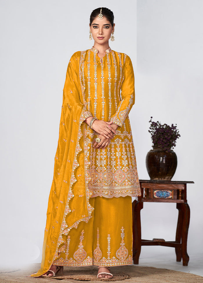 3 Pc Yellow Semi Stitched Silk Suit Set