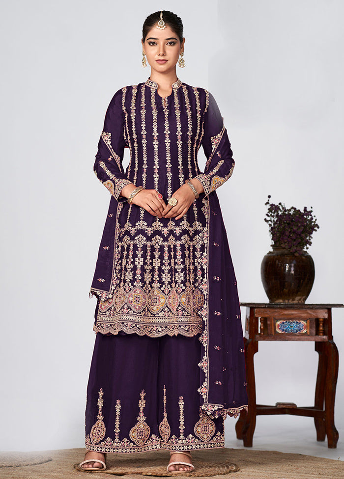 3 Pc Violet Semi Stitched Silk Suit Set