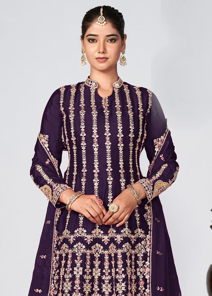 3 Pc Violet Semi Stitched Silk Suit Set