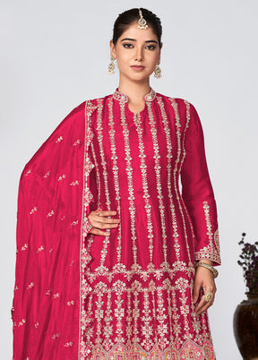 3 Pc Deep Pink Semi Stitched Silk Suit Set