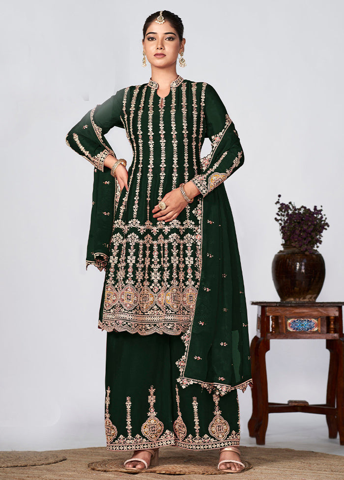 3 Pc Rama Green Semi Stitched Silk Suit Set