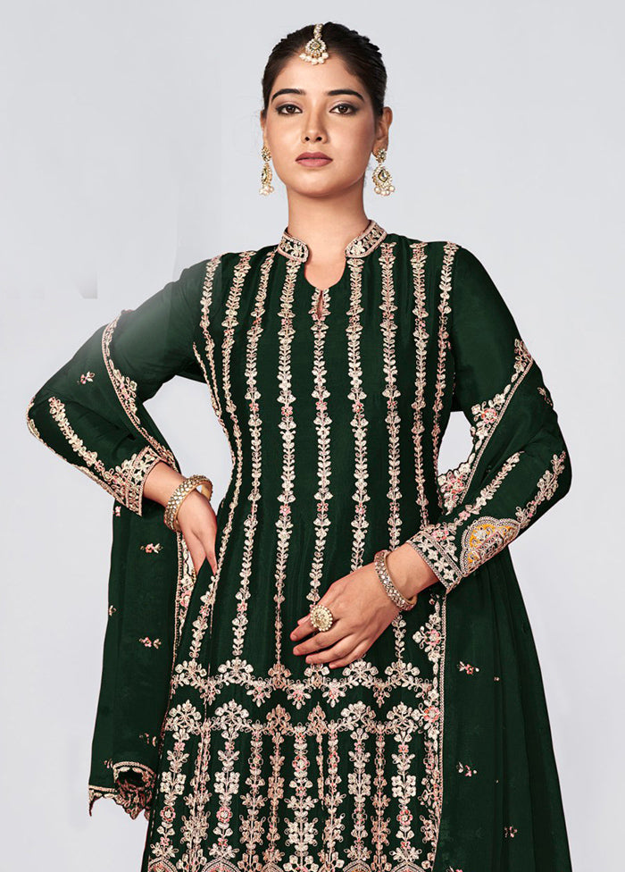 3 Pc Rama Green Semi Stitched Silk Suit Set