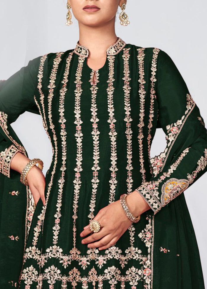 3 Pc Rama Green Semi Stitched Silk Suit Set