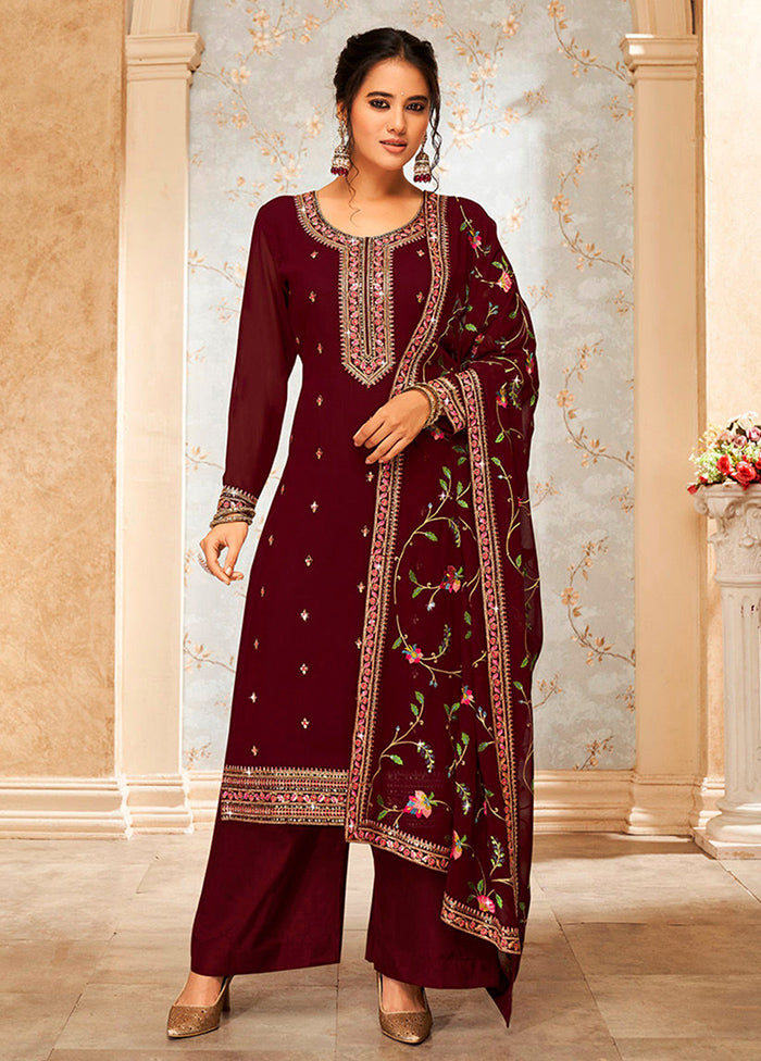 3 Pc Maroon Semi Stitched Georgette Suit Set