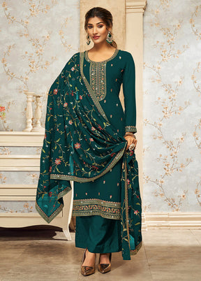 3 Pc Teal Green Semi Stitched Georgette Suit Set