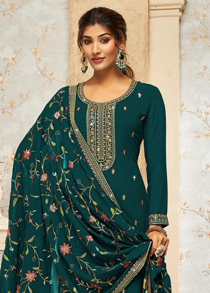 3 Pc Teal Green Semi Stitched Georgette Suit Set