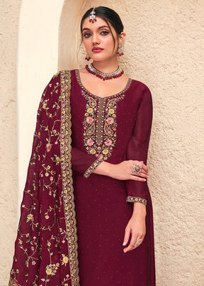 3 Pc Maroon Semi Stitched Georgette Suit Set