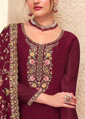 3 Pc Maroon Semi Stitched Georgette Suit Set