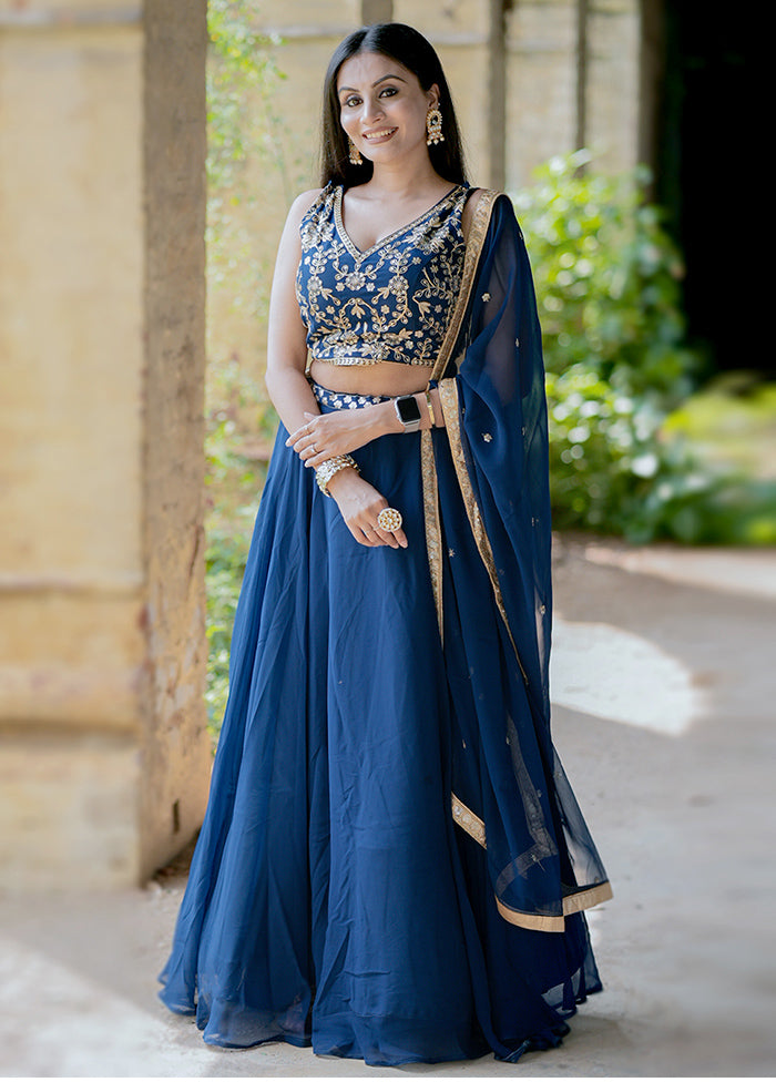 3 Pc Blue Georgette Semi Stitched Lehenga Set