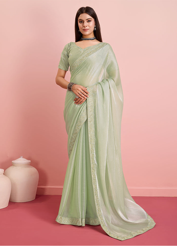 Lime Green Dupion Silk Saree With Blouse Piece