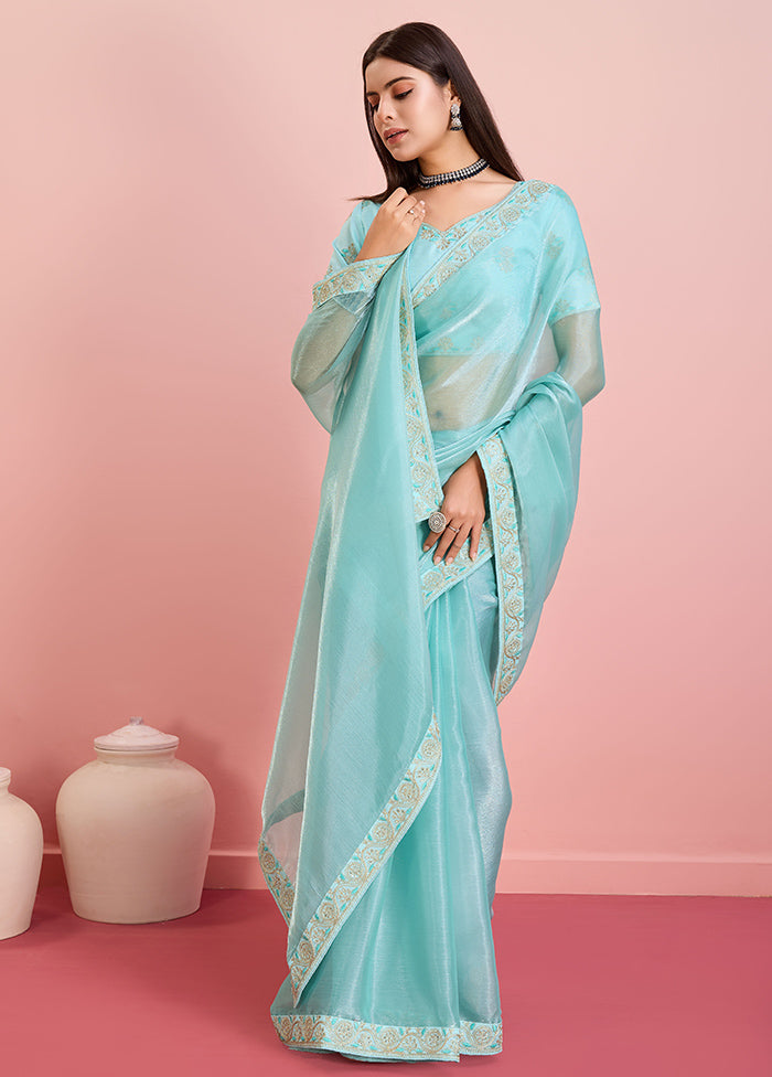 Blue Organza Saree With Blouse Piece