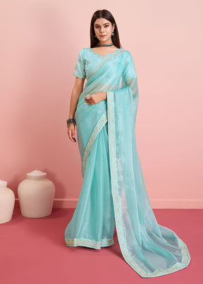 Sea Blue Dupion Silk Saree With Blouse Piece