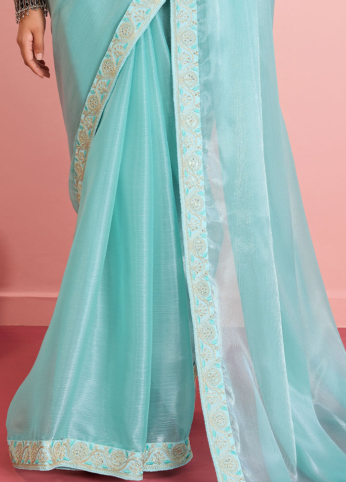 Sea Blue Dupion Silk Saree With Blouse Piece