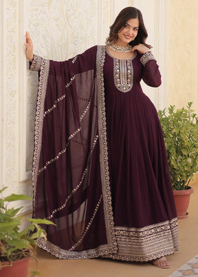 Wine Readymade Georgette Dupatta Indian Dress