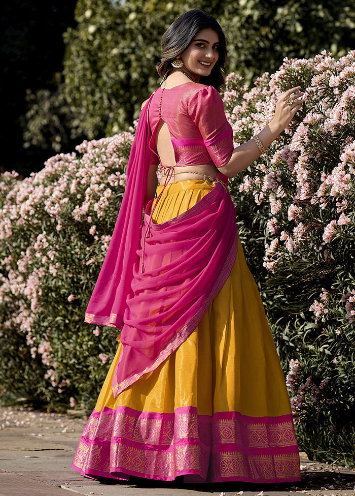 3 Pc Yellow Silk Semi Stitched Lehenga Set