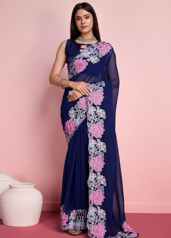 Blue Georgette Saree With Blouse Piece