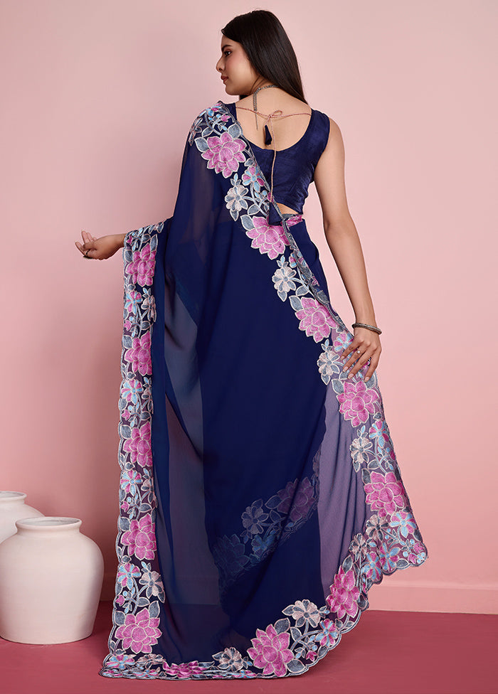 Blue Georgette Saree With Blouse Piece