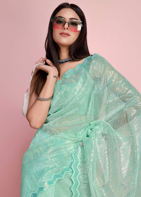 Green Net Net Saree With Blouse Piece