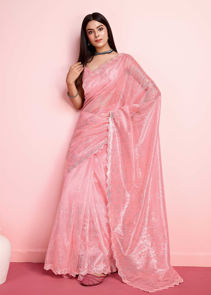 Peach Net Saree With Blouse Piece