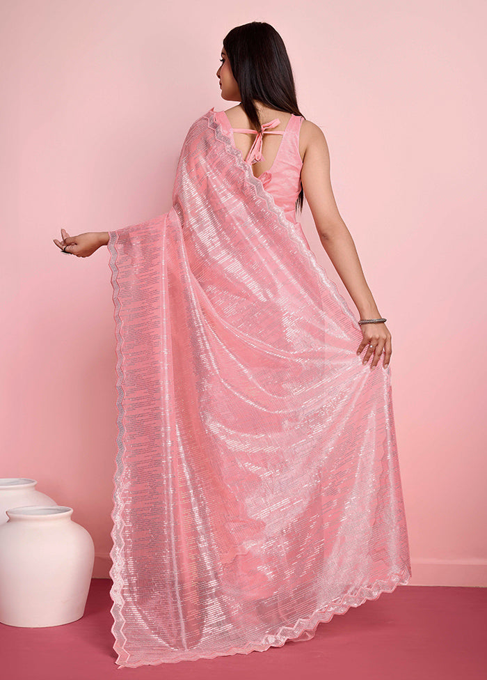 Peach Net Net Saree With Blouse Piece