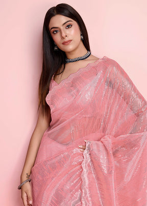 Peach Net Net Saree With Blouse Piece