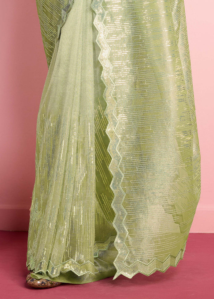 Pista Green Net Saree With Blouse Piece