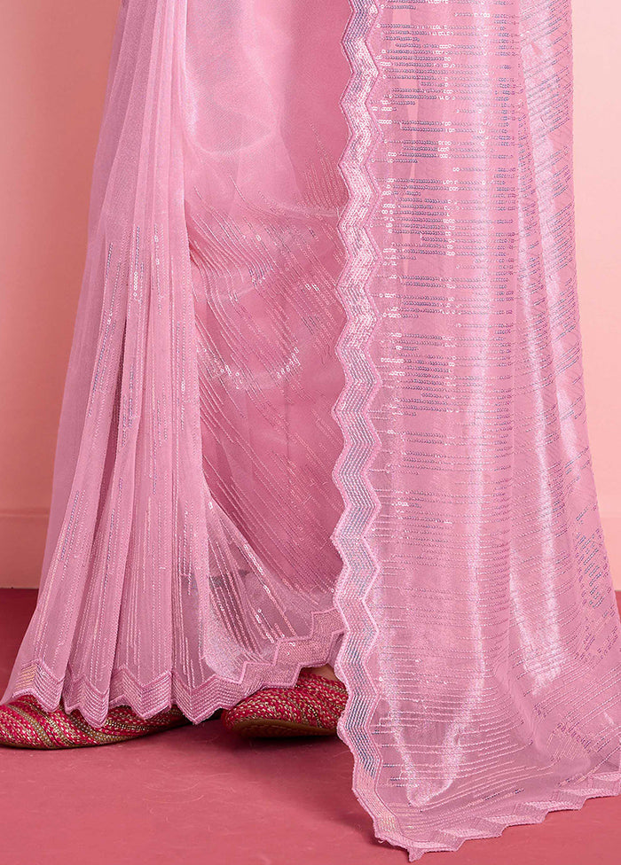 Pink Net Saree With Blouse Piece