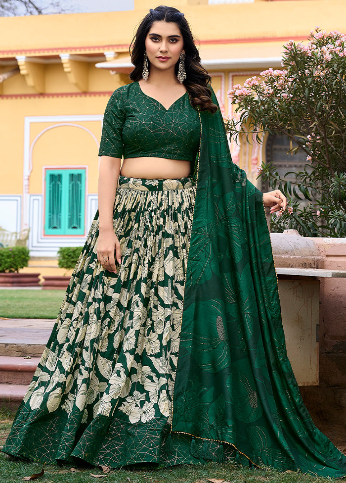 3 Pc Green Silk Semi Stitched Lehenga Set