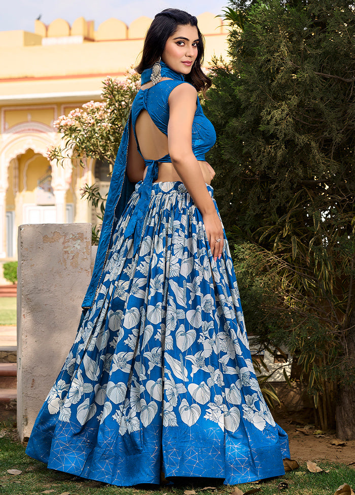 3 Pc Blue Silk Semi Stitched Lehenga Set