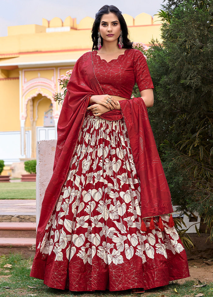 3 Pc Red Silk Semi Stitched Lehenga Set