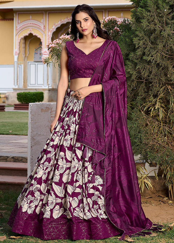 3 Pc Wine Silk Semi Stitched Lehenga Set