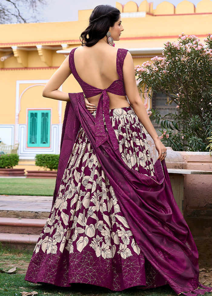 3 Pc Wine Silk Semi Stitched Lehenga Set