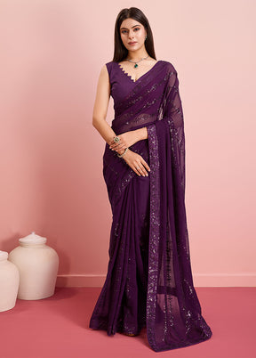 Wine Georgette Saree With Blouse Piece