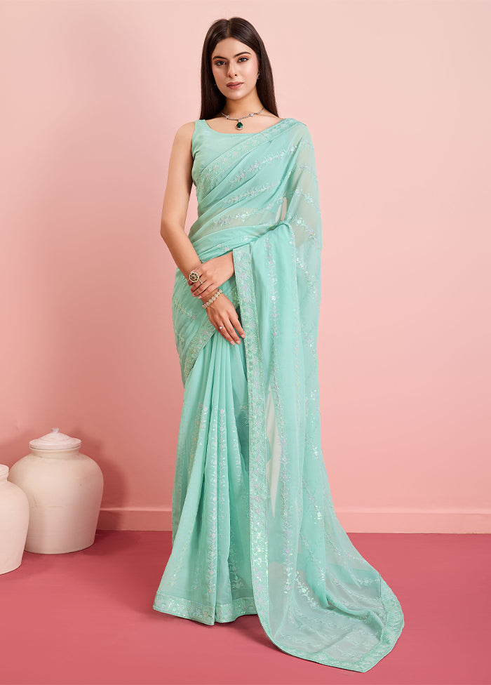 Sky Blue Georgette Saree With Blouse Piece