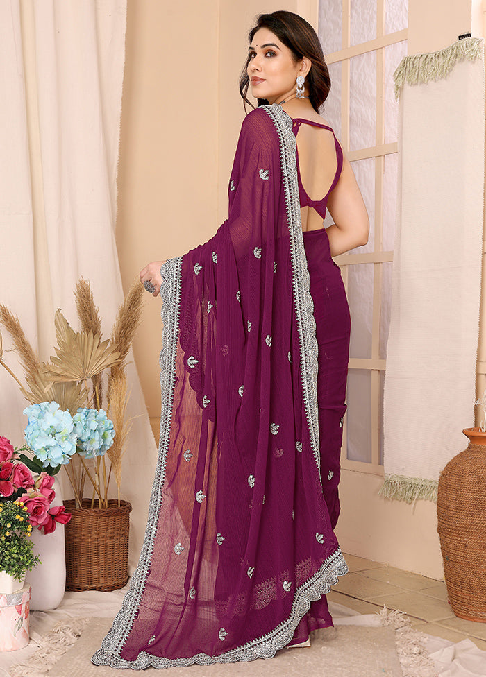 Wine Chiffon Silk Saree With Blouse Piece