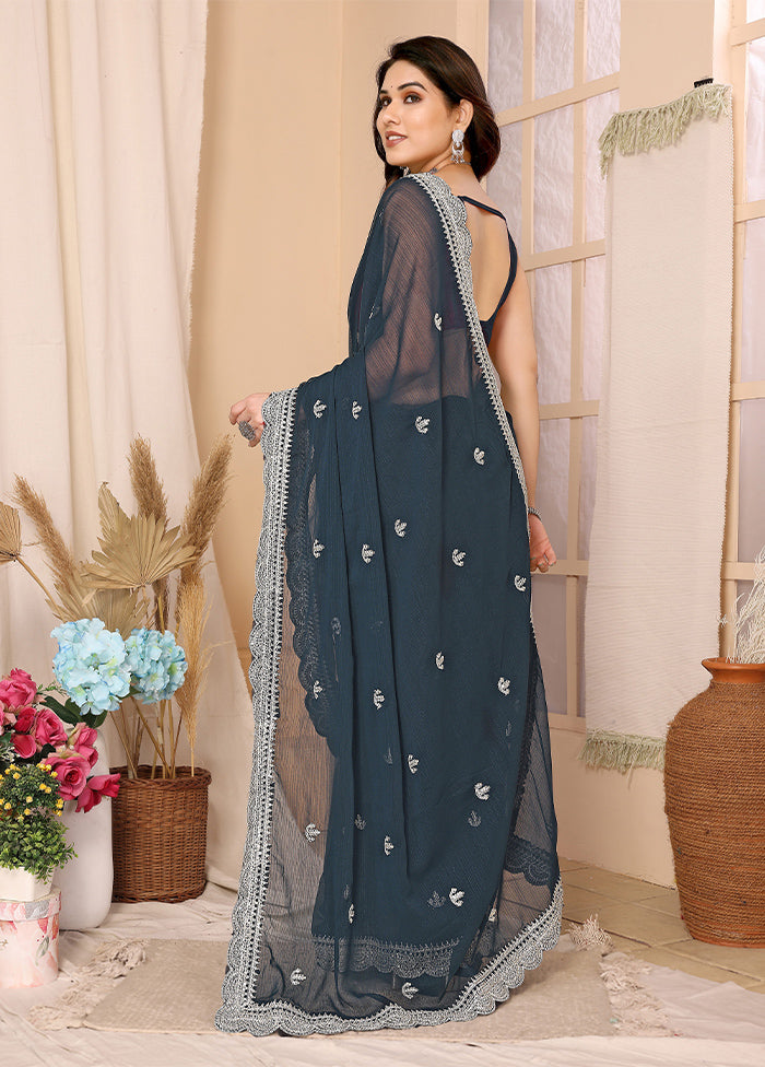 Dark Grey Chiffon Silk Saree With Blouse Piece