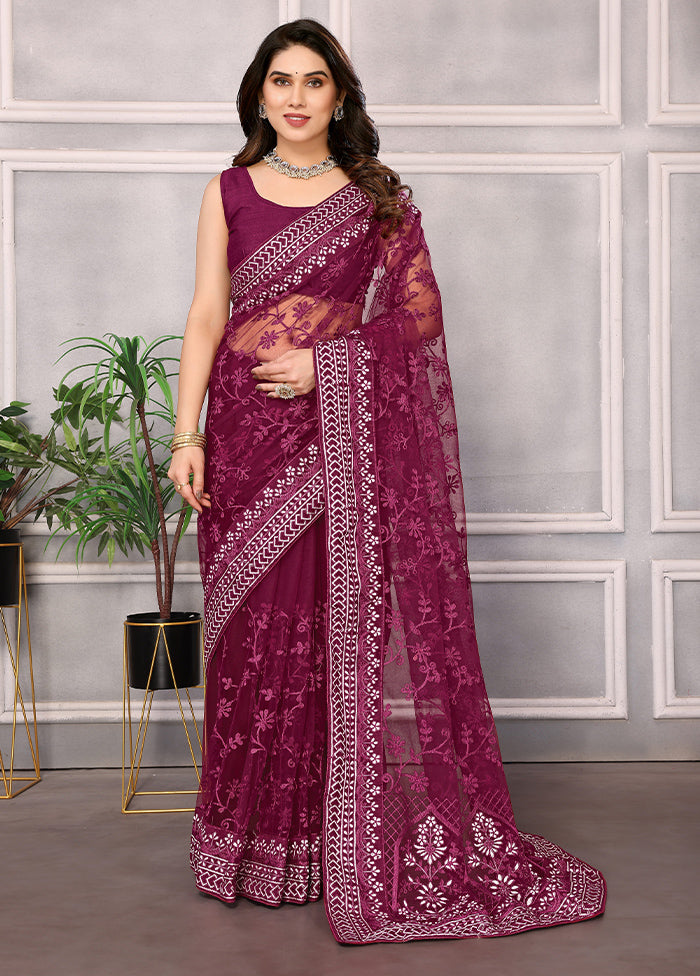 Wine Net Net Saree With Blouse Piece