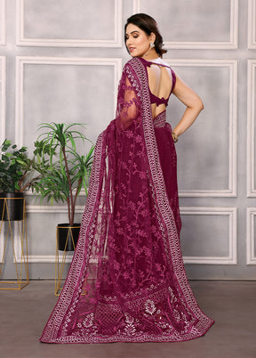 Wine Net Saree With Blouse Piece