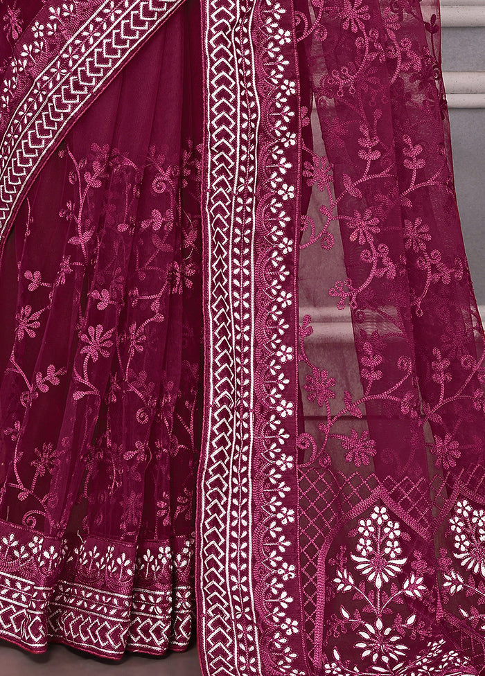 Wine Net Net Saree With Blouse Piece