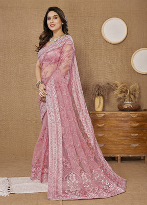 Pink Net Saree With Blouse Piece